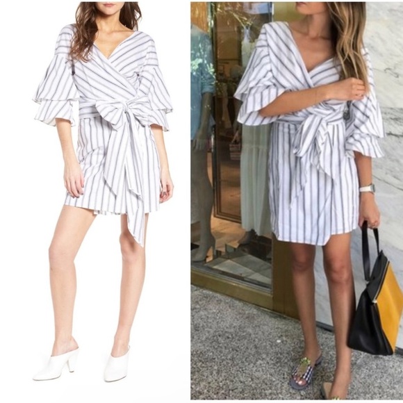 WAYF Women’s Beckett Blue Striped Ruffle Wrap Dress Large Bow Cotton Stretch S - Picture 1 of 13